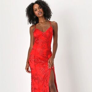 NWT:Blissful Blossoms Red Sequin Backless Maxi Dress